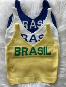 Set Of 3 Women's Cropped Tank Tops, Brazilian Style, Modal Knit, U-Neck, Spaghetti Straps, Summer, Carnival, World Cup - 藍/白/黃 - 查看 1