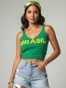 Set Of 3 Women's Cropped Tank Tops, Brazilian Style, Modal Knit, U-Neck, Spaghetti Straps, Summer, Carnival, World Cup - 黃/綠/藍 - 查看 5