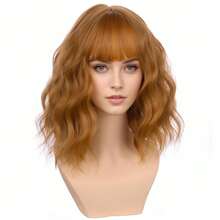 Strawberry Blonde Curly Wig With Bangs Short Wavy Synthetic Hair Wig For - Tóc vàng dâu tây - Xem 2