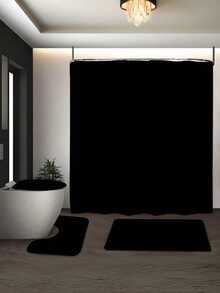 3pcs Bathroom Accessories Set, Including Black Shower Curtain, Waterproof Mat And Toilet Seat Cover, With 12 Hooks And Anti-Slip Design - Multicolor - View 5