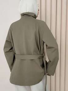 Livesso Loose Fit Long Sleeve Belted Pocket Women Trench Coat Women Jacket,Fall Women Clothes - Green - View 3