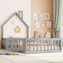 House Bed, 90 X 200 Cm, Children's Bed With Chimney Shape, Bed With Slatted Base (Without Mattress), Pine Wood, Minimalist Style - Grey - View 5
