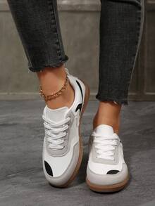 Giày thể thao nữ casual, thiết kế khóa cài phẳng kiểu retro, giày buộc dây cổ thấp, phù hợp để mang hàng ngày, mọi mùa. - Đen và trắng - Xem 6