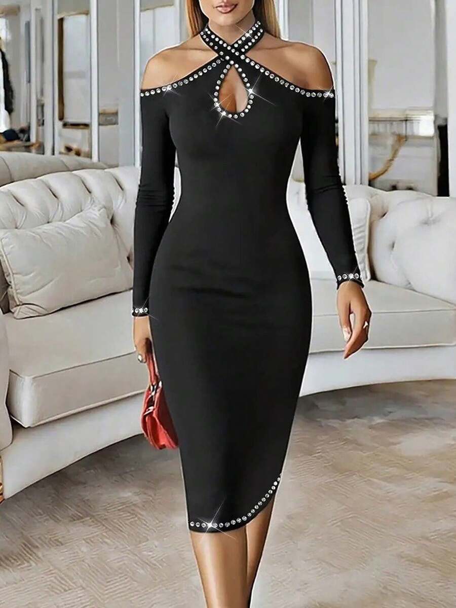 Women's Off-The-Shoulder, Halter-Neck Midi Dress With Teardrop Detail And Embellishments., 31018 - Black - View 1