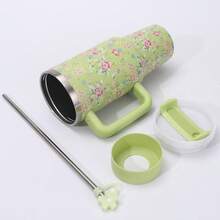 Stainless Steel 304 Floral  Bottle 1200ML 12h Hot And Cold Stainless Steel Straw Non-Slip Dustproof Protector Coffee Water Juice - 白色的 - 查看 3