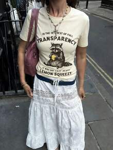 Nouveau t-shirt d'été simple à col rond, manches courtes, avec imprimé lettre raton laveur amusant. Top polyvalent et pour femmes - Nude - Voir 4