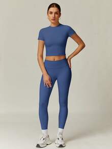 NcmRyu 一套女士圆领可拆卸垫肩紧身短袖上衣和打底裤运动服套装 - 藏蓝色 - 查看 7