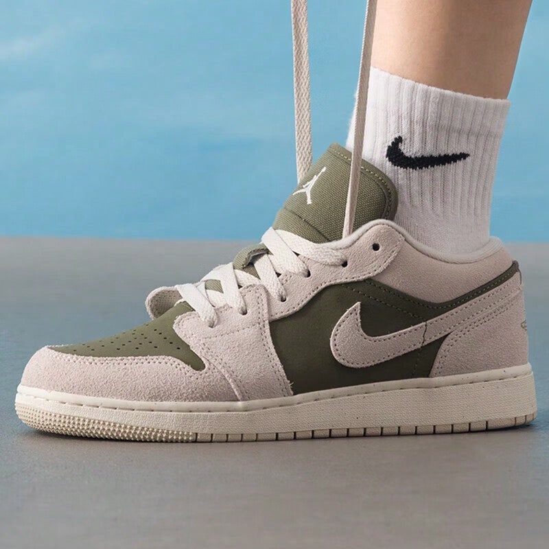Nike Big Kids' AJ1 New Low-Top Sneakers, Retro Basketball Shoes - Olive Green/grey - View 1