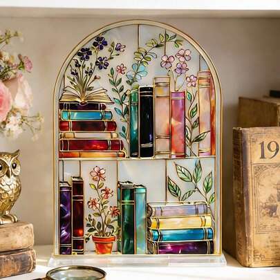 1pc Printed Bookshelf And Desktop Decor, Vintage Bookshelf Art Decor, Colorful Floral And Book Decor, Suitable For Book Lovers Home Decor, Plant Inspired Desktop Decor, Creative Library Decor, Applicable For Living Room, Bedroom, Office Reading Corner Atmosphere Decor, Retro Elegant Book Themed Decor