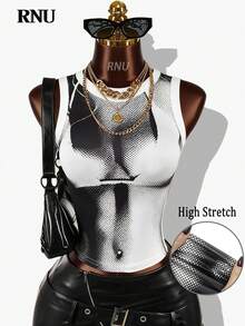 RNU Áo croptop không tay in hình 3D cơ thể người màu đen trắng dành cho nữ, phong cách Y2K, trang phục dự tiệc gợi cảm, đồ đi hộp đêm, bộ sưu tập xuân/hè mới, hẹn hò Valentine, sinh nhật, tiệc áo tắm, dạ hội tốt nghiệp, buổi hòa nhạc, kỳ nghỉ của phụ nữ, kỳ nghỉ hè. - Đen và trắng - Xem 1