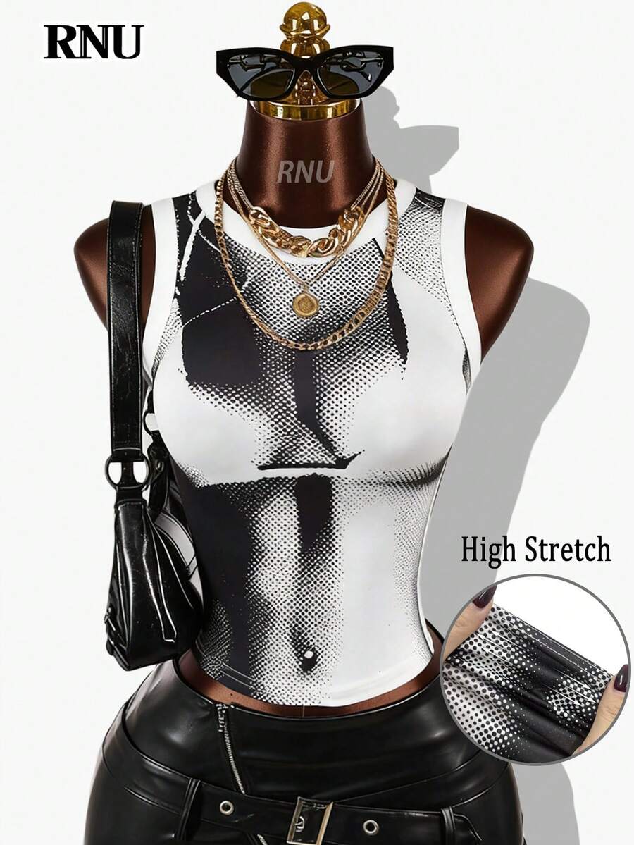 RNU Áo croptop không tay in hình 3D cơ thể người màu đen trắng dành cho nữ, phong cách Y2K, trang phục dự tiệc gợi cảm, đồ đi hộp đêm, bộ sưu tập xuân/hè mới, hẹn hò Valentine, sinh nhật, tiệc áo tắm, dạ hội tốt nghiệp, buổi hòa nhạc, kỳ nghỉ của phụ nữ, kỳ nghỉ hè. - Đen và trắng - Xem 1