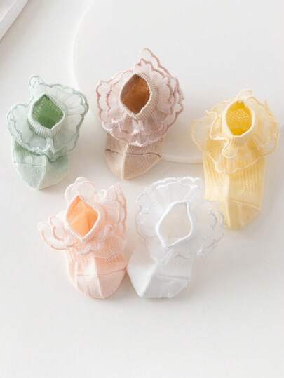 1 par de meias curtas de malha para bebês, 0-3 anos, finas, cor sólida, estilo campestre minimalista com renda princesa, para o verão.