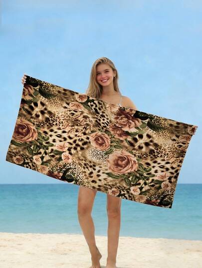 1pc Leopard Print Rose Beach Towel, Designed With Plant And Floral Patterns, Suitable For Travel, Camping, Swimming Pools, Yoga, Fitness Centers, Sports Towels, Shower Rooms, Beach Swimming Accessories, And Essential Gifts For Beach Vacations (Single-Sided Printing, Multiple Colors To Choose From)