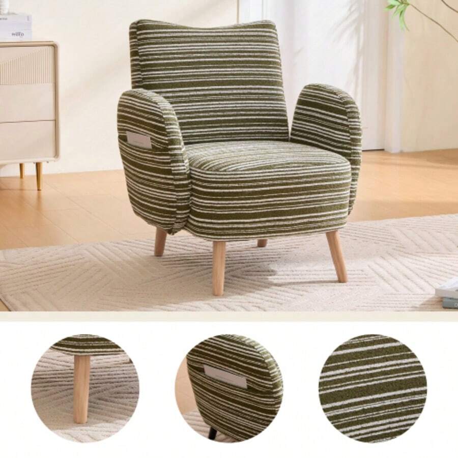 Modern Sessel, Stoff Mit Kreismuster, Mit Seitlicher Tasche, Beine Aus Massivholz, Bequemer Lesesessel, Wohnzimmer, Schlafzimmer, Büro - Olive Green - View 1