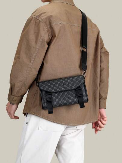 1个休闲几何印花翻盖按扣小方包，男士便携式单肩斜挎包，适合工作通勤、购物、旅行，是理想的节日礼物