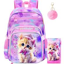 Tres piezas con estampado de gato rosa, equipado con una bolsa de almuerzo y un estuche para lápices. La bolsa de almuerzo se puede sujetar a la mochila. Adecuado para la escuela, los viajes y las mochilas de los niños. - Mochila - Ver 9