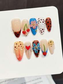 10Pcs Fake Nails Sweet Cherry Blossom Press On Nails With Heart Rhinestones Polka Dots Pre Shaped Fake Nails For Women Girls - Multicolor - View 1