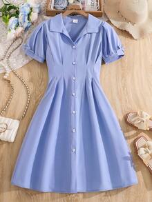 Left Mama Girls' Elegant Bow Collar Short Sleeve Shirt Dress, Summer - Blue - View 1