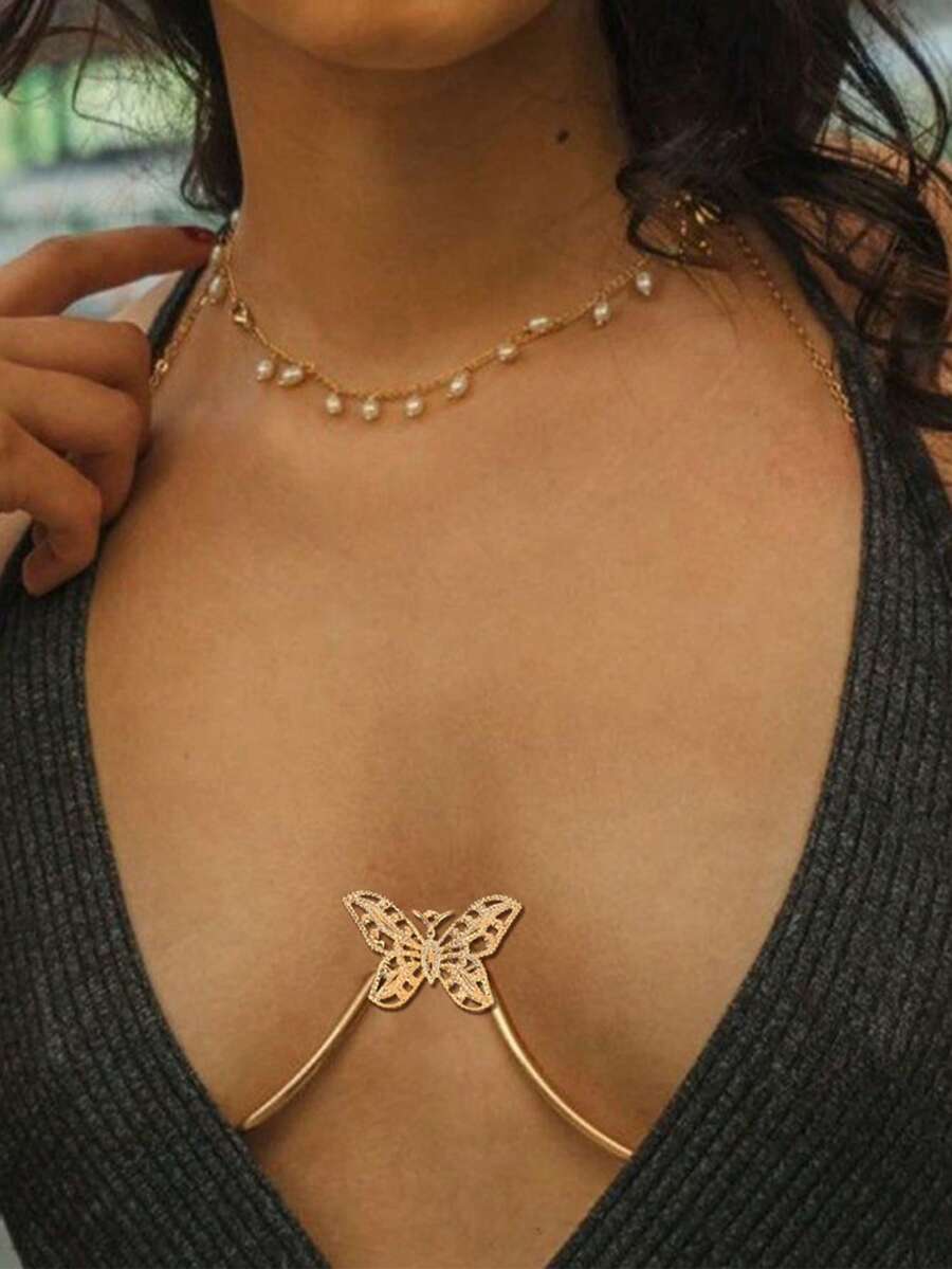 新款金属性感蝴蝶胸链，欧美高端夜店及音乐节必备 | 身体链 - 金色 - 查看 1