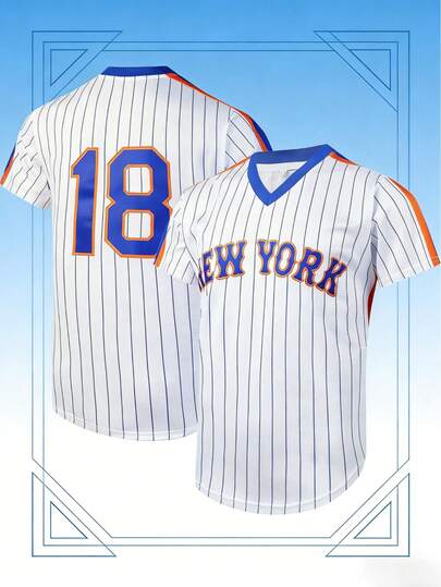 Letter And Number 18 Embroidery, Men's Striped Short Sleeve V-Neck Baseball Jersey, Comfy Top For Training And Competition