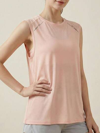 女士透气速干运动背心，轻盈网眼面料，肩部印花图案，适合瑜伽和夏季运动，无袖健身上衣，凉爽面料，宽松版型跑步服