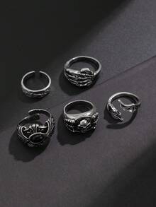 5pcs/Set Gothic Style Skull Gemstone Rings, Unique Hiphop Personalized Rings Jewelry Set For Men, Charm Jewelry Gift - Skull Wings Ring - View 6