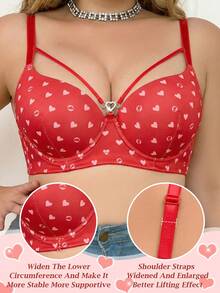 MIMILEMON Plus Size Red Heart Print Underwire Push Up Bra - Wide Straps & Cute Valentine's Style - Red - View 2