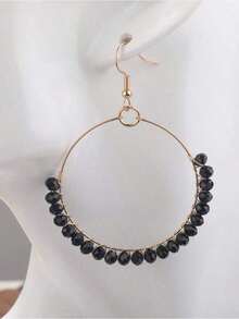 Pendientes Redondos de Gota con Decoración de Cuentas - Negro - Ver 1
