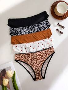 5pcs/Pack Women's Leopard Print Seamless Breathable Comfort Bikini Panties - Multicolor - View 3