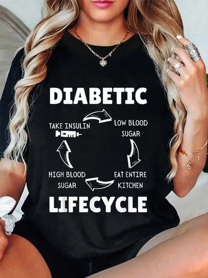 100% Cotton Funny Diabetic Life Cycle Diabetes Support Awareness Type 1 T-Shirt Women's Vintage Relaxed Fit Tee Premium Soft Tops Printing Round Neck Fashion Shirts