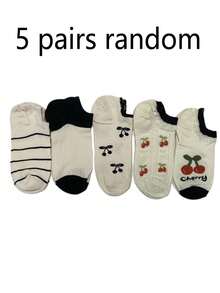 5双随机黑白撞色樱花边饰短袜，吸湿排汗，防滑 - 彩色 - 查看 7