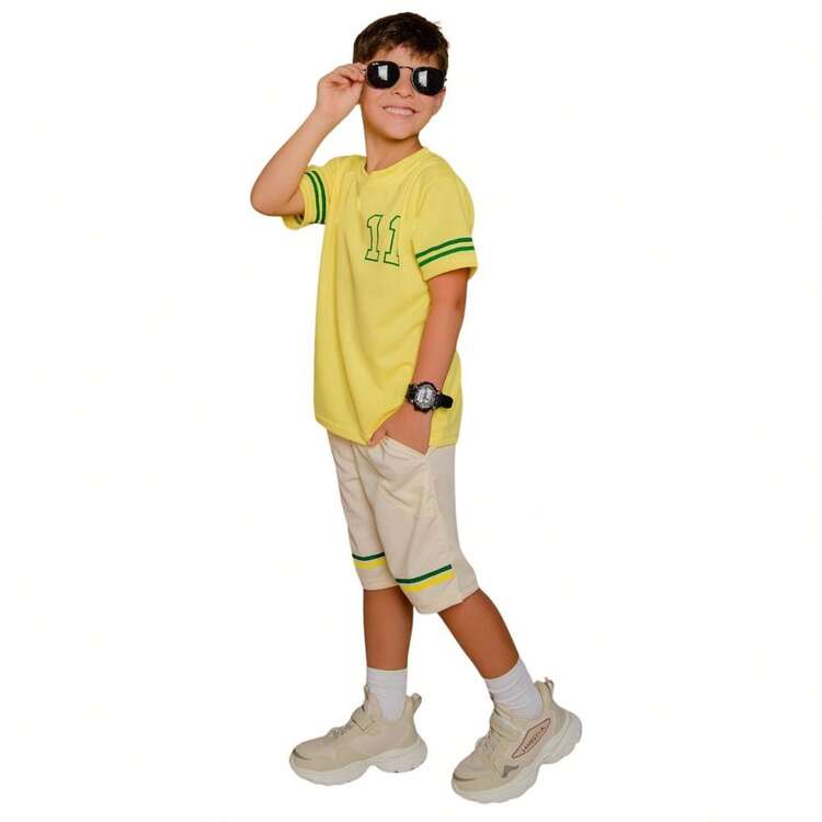 Conjunto Masculino Infantil Kit 2 peças Lançamento Juvenil Verão  Bermuda e Camiseta Dry Fit Veste Do 2 até 12 anos - Amarelo - Visão 2