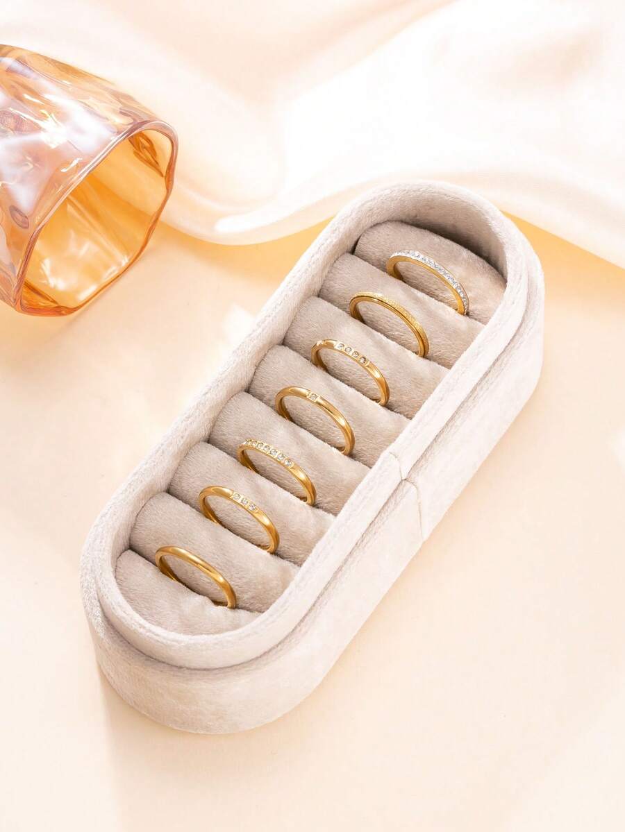 Juego de 7 anillos de acero inoxidable con acabado liso, mate y con diamante de imitación, elegantes y de moda, adecuados para uso diario o para fiestas de mujeres - Juego de anillos - Ver 1