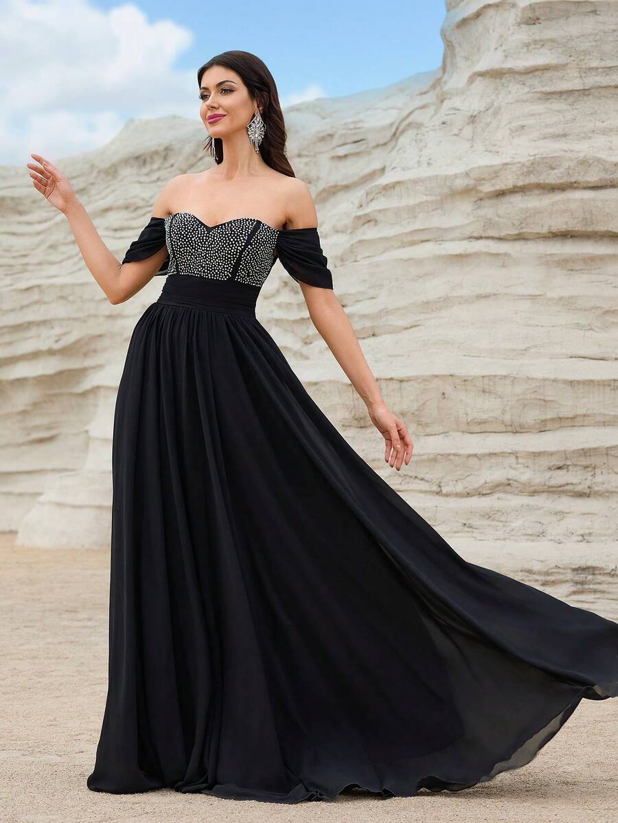 Off Shoulder Sequin Patchwork Formal Dress - Black - View 1