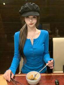 Sexy V-Neck Long Sleeve Fitted Crop Top Tee - Blue - View 4