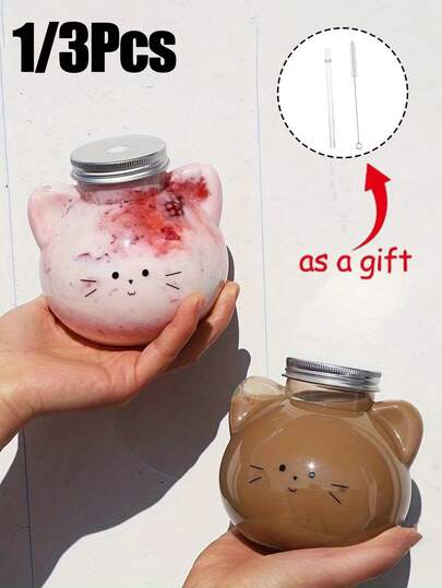 Cute Cartoon Cat-Shaped Transparent Bottles With 3d Ears,Wide Mouth For Easy Filling,With Lid & Straw | Plastic, Reusable, Portable Water Bottle, Home Transparent Juicing Beverage Drink Bottle,Reusable Small Water Bottles,Cute Mugs Bears Sippy Cups, Ideal For Hot And Cold Drinks, Coffee, Wine, Juice, Smoothies, Boba