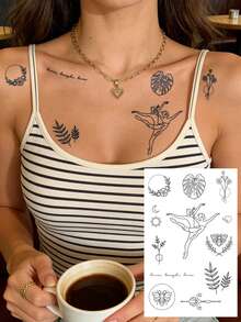 6pcs/1pc Herbal Juice Semi-Permanent Tattoo, Simple Line Art Abstract Face, Rose Branch, Fern, Butterfly, Cosmic Symbol Patterns, Waterproof, 7-14 Days Lasting, Suitable For Valentine's Day, Carnival Gifts - Blue - View 17