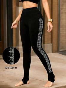 1件装女士亮面侧镶水钻七分裤，优雅奢华踩脚裤 - 黑色 - 查看 10