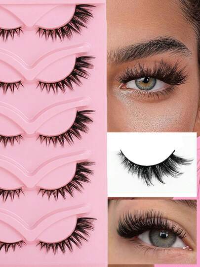 5 Pairs Of Luxurious Fluffy False Eyelashes, Featuring A 5D Fox Eyelashes Effect, Made From Faux Mink Hair In Strip Form, Designed For Easy Application To Create A Charming Look, Handcrafted, Reusable, Suitable For Daily Wear And Party Occasions.