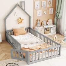 House Bed, 90 X 200 Cm, Children's Bed With Chimney Shape, Bed With Slatted Base (Without Mattress), Pine Wood, Minimalist Style - Grey - View 4
