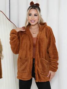 Plush Teddy Jacket/Blouse With Hood And Pocket. - Camel - View 1