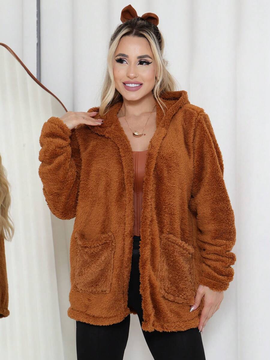 Plush Teddy Jacket/Blouse With Hood And Pocket. - Camel - View 1