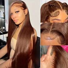 13x4 直发蕾丝前假发，真人混纺发丝，骨直 13x4 透明蕾丝前假发，棕色长直发合成假发，前部预拔发际线，巴西蕾丝前假发，女士款 - S4 - 查看 8