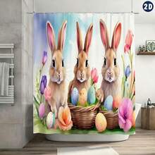 Easter Bunny Cartoon Shower Curtain Set, 1/3/4 Pcs, Waterproof Polyester Bathroom Decor With Hooks, Non-Slip Rug, U-Shaped Mat, Toilet Lid Cover, Lightweight Woven Art Partition, Suitable For All Seasons, Easy To Clean - Easter Home Accessories - A - View 15