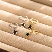 1 Pair Gold-Tone Hoop Earrings With Black Star Pendant, Sweet Cool Daily Jewelry - Star Ear Clips - View 1