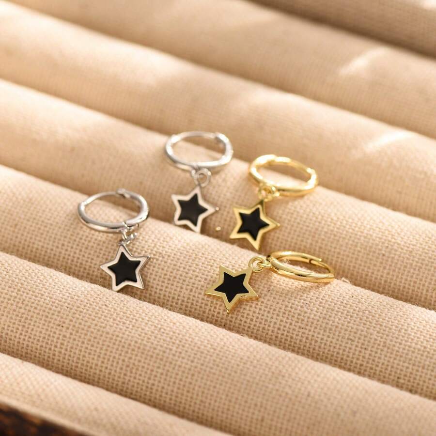 1 Pair Gold-Tone Hoop Earrings With Black Star Pendant, Sweet Cool Daily Jewelry - Star Ear Clips - View 1
