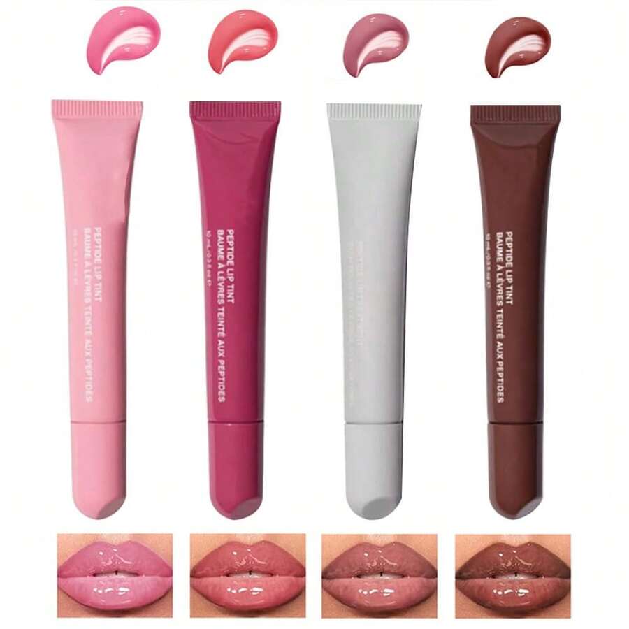 4 Pcs Peptide Lip Tint, Sheer Color And Hydrating Finish Clear Lip Oil, Long Lasting Hydrating Lip Gloss Tinted Lip Balm Non-Sticky Revitalizing, Transparent Lip Care Oil For Dry Lip, 3 Fl Oz,10ml - Strawberry - 查看 1
