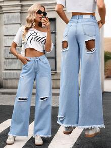 Happy Girl Casual Elegant Versatile Jeans For Women, Suitable For Spring/Summer, Casual, Formal, Holiday, School, Vacation, Daily Wear, Dating, Single Party, Travel, Airport - Blue - View 10