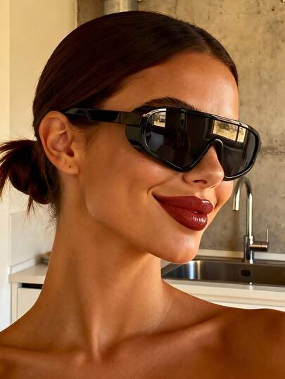 一副Y2K复古环绕式时尚眼镜，男女皆宜，适合户外活动、街头风格、T台走秀、时尚摄影、派对、骑行、热带海滩度假等场合。