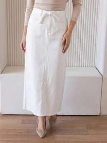 Livesso 女士抽绳系腰超长休闲牛仔裙 - 白色 - 查看 5